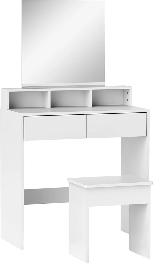 HOMCOM Sminkasztal Székekkel, Tükörrel, 3 Polccal, 2 Fiókkal, Modern Fa Sminkasztal, 75x38x135 cm, Fehér | Aosom