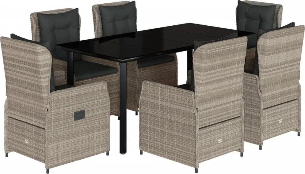 vidaXL 7 részes világosszürke polyrattan kerti étkezőszett párnával