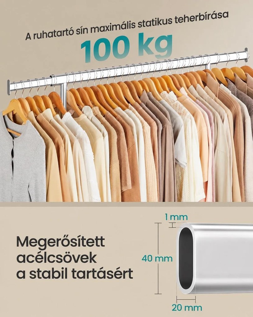 Nagy teherbírású gurulós ruhatartó, kihúzható 92–132 cm-es ruharúddal, fékezhető görgőkkel, max. 90 kg, ezüst