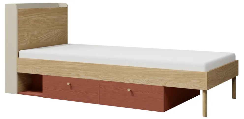 Egyszemélyes ágy 90x200 cm Yoda 13 (világos bézs + olajozott tölgy + korall) (J) . 1087363