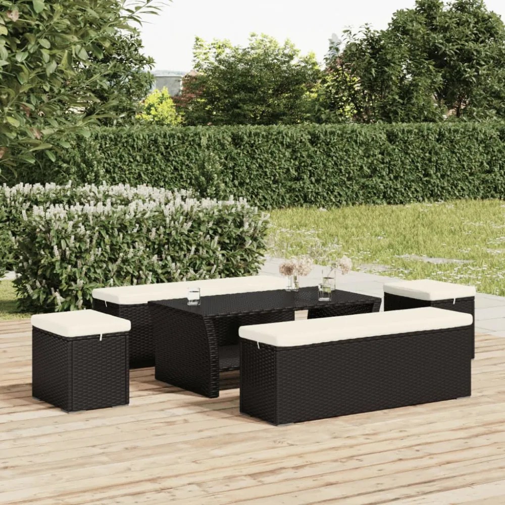 fekete polyrattan zsámoly párnával 40 x 30 x 40 cm