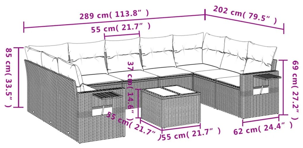 10 részes szürke polyrattan kerti ülőgarnitúra párnákkal