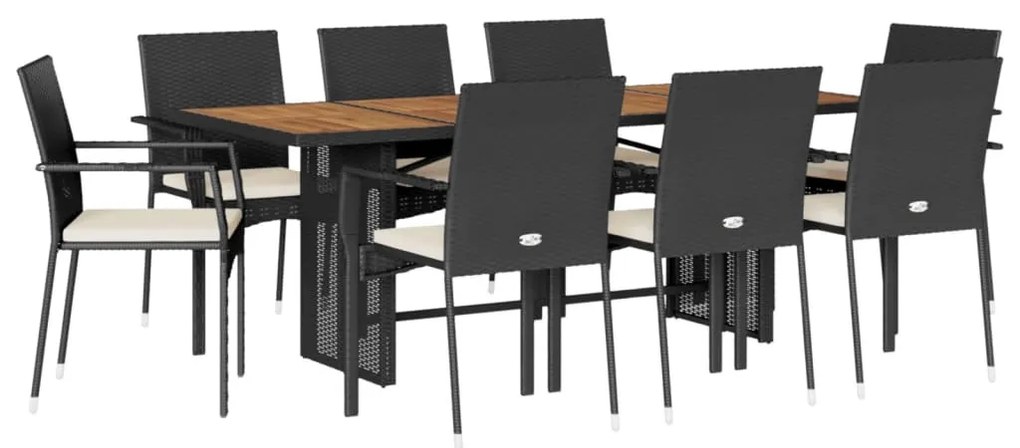 9 részes fekete polyrattan kerti étkezőgarnitúra párnákkal