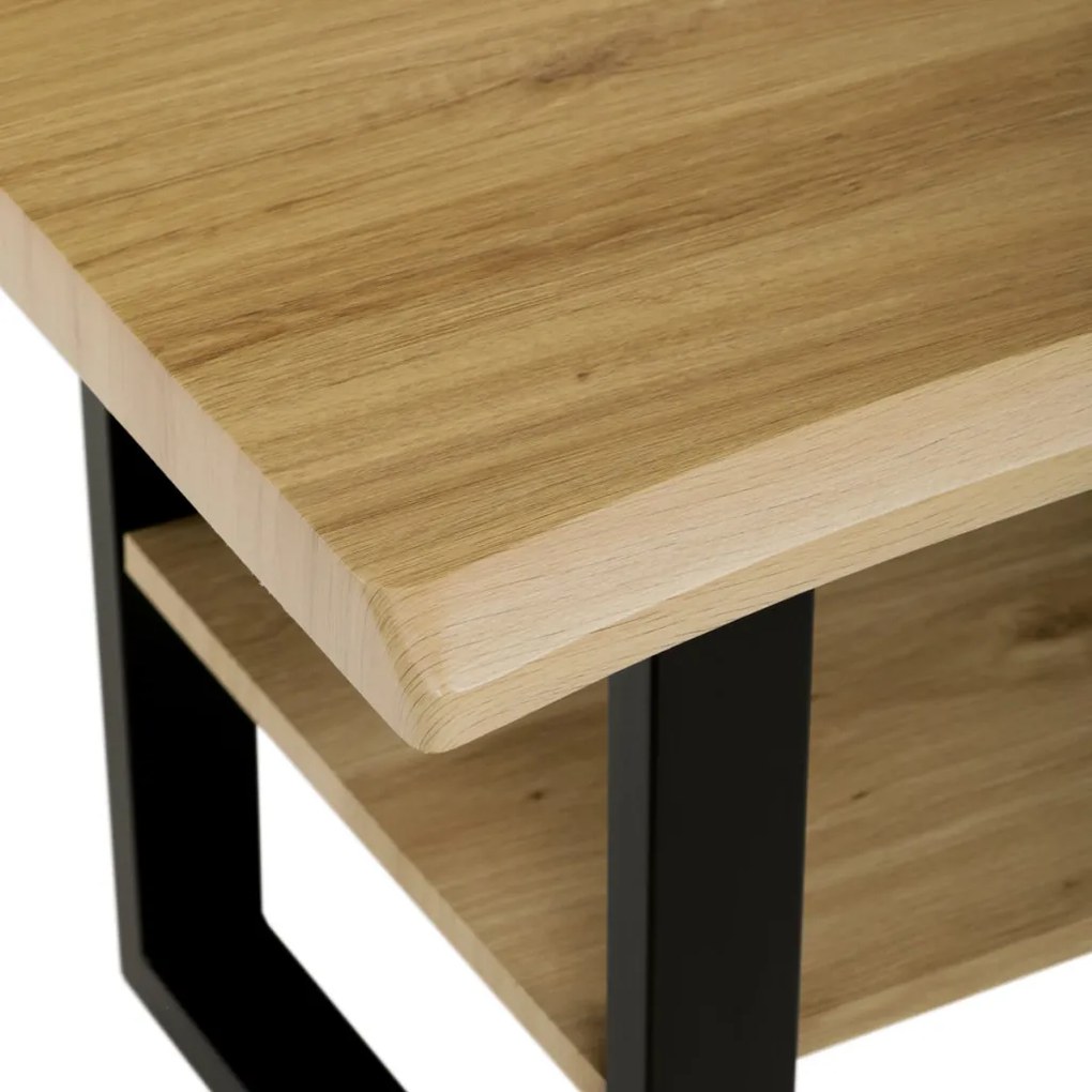 Măsuță de cafea 120x60x55 cm, blat MDF, decor stejar salbatic, metal, raft, picioare negre