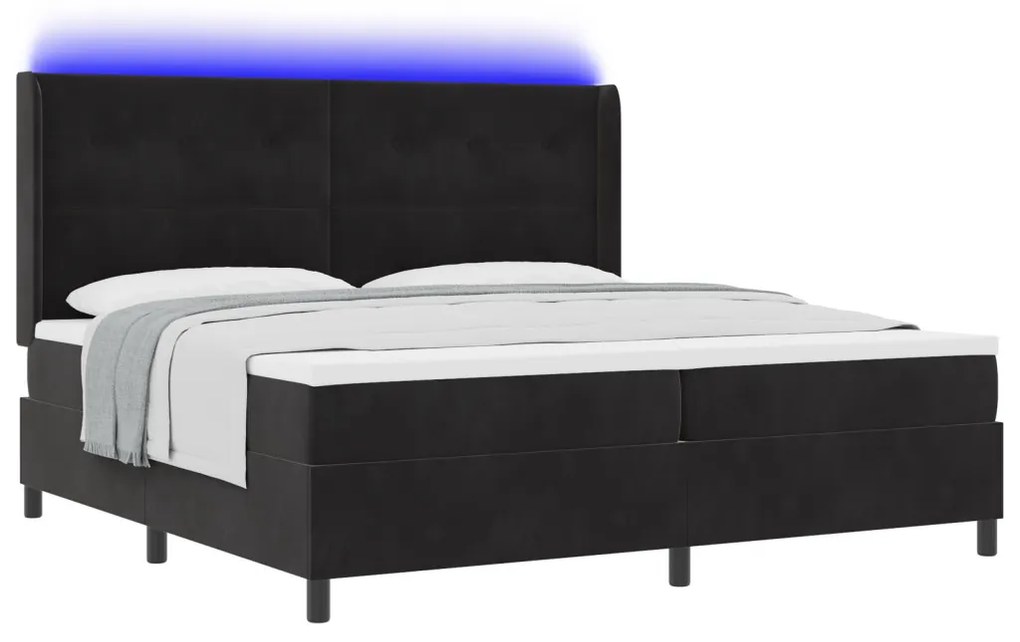 Boxspring Ágy Matrac és LED Fekete 200x200 cm Bársony