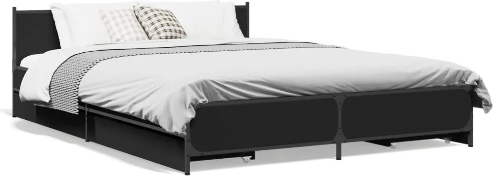 vidaXL fekete szerelt fa ágykeret fiókokkal 135 x 190 cm