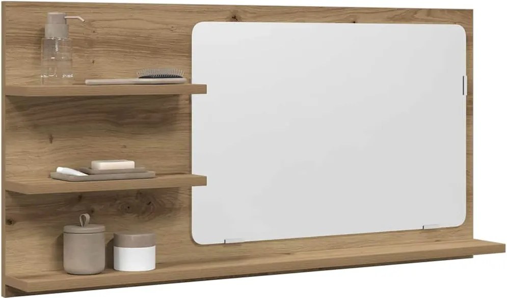 vidaXL kézműves tölgy szerelt fa tükrös fürdőszobaszekrény 90x11x45 cm
