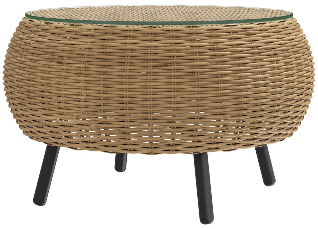 Rattan kerek kerti asztal, üveglappal, barna Ø75 x 42 cm