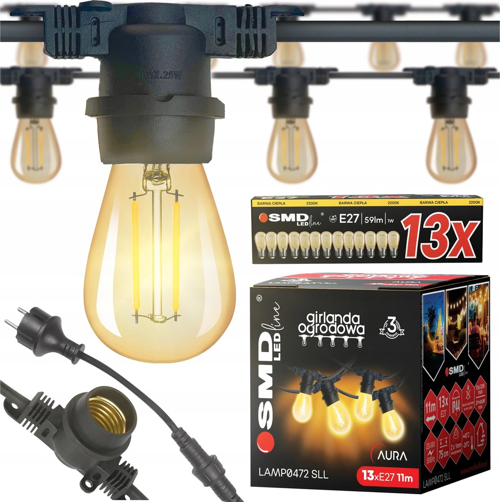 Kerti fényfüzér 10m 13X Led izzó 1W E27 vízálló kábel