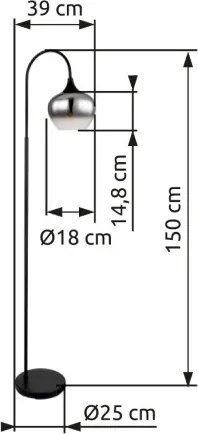 Globo 15548S Állólámpa fém matt fekete, füstszínű üveg, fekete textil kábel, lábkapcsoló a kábelben, HxSzxM: 390x250x1500mm, kábelhossz 1800mm, nem tartozék: 1x E27 40W 230V