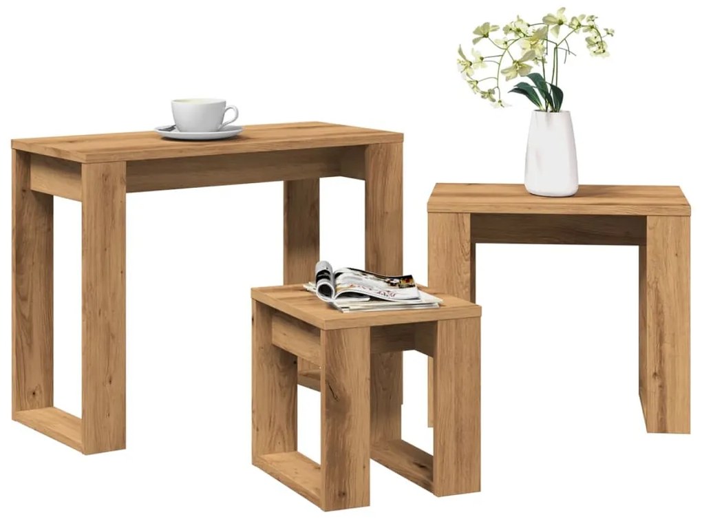 vidaXL 3 db kézműves tölgy színű szerelt fa dohányzóasztal