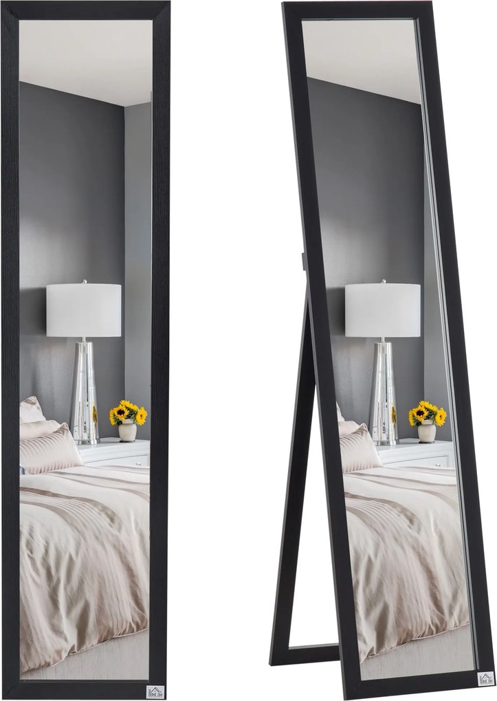 HOMCOM Teljes Test Tükör, 154 x 37 cm Fali Tükör Állvánnyal, Álló Tükör Nappaliba, Hálószobába, Fekete | Aosom
