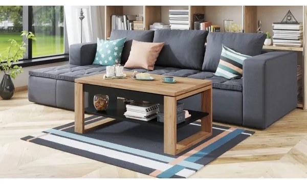 NEA emelhető asztallappal és polccal rendelkező dohányzóasztal, craft tölgy/fekete