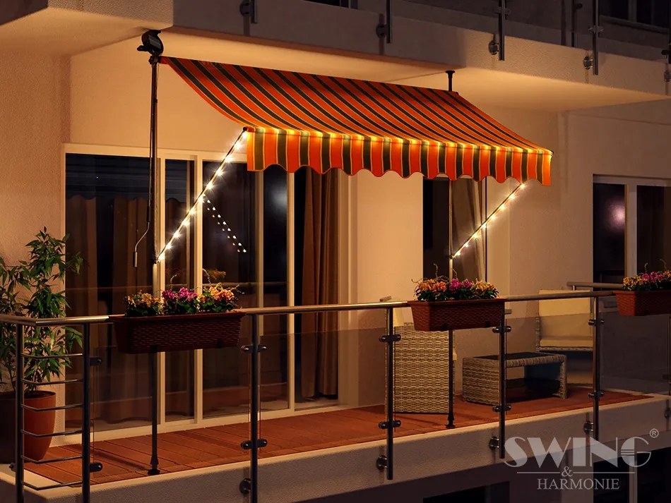 Led-es Terasz Erkélyszorító Napellenző 350cm Fekete/narancssárga Csíkos