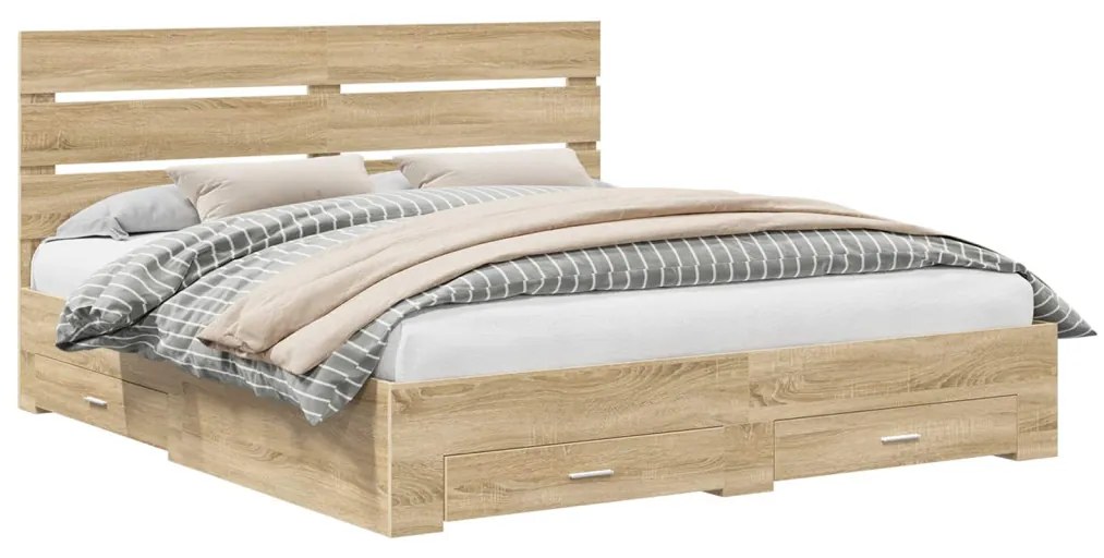 vidaXL Ágykeret fiókkal fejtámlával Sonoma tölgy 200 x 200 cm Faanyag