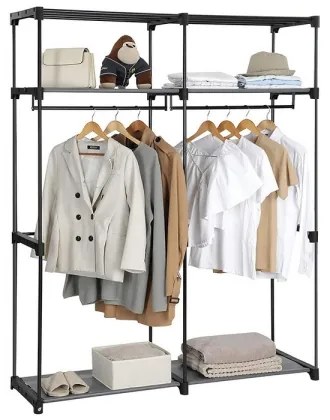 MATIS 140x174 cm szürke textil tárolószekrény polcokkal és ruharúddal