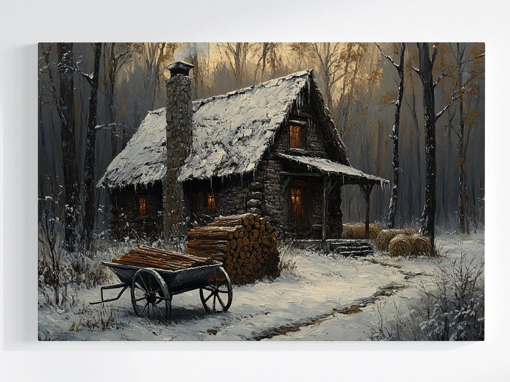 Vászonkép Canvas Kilátás Ház Kunyhó Erdő Tél Hó Széna Fa 120x80