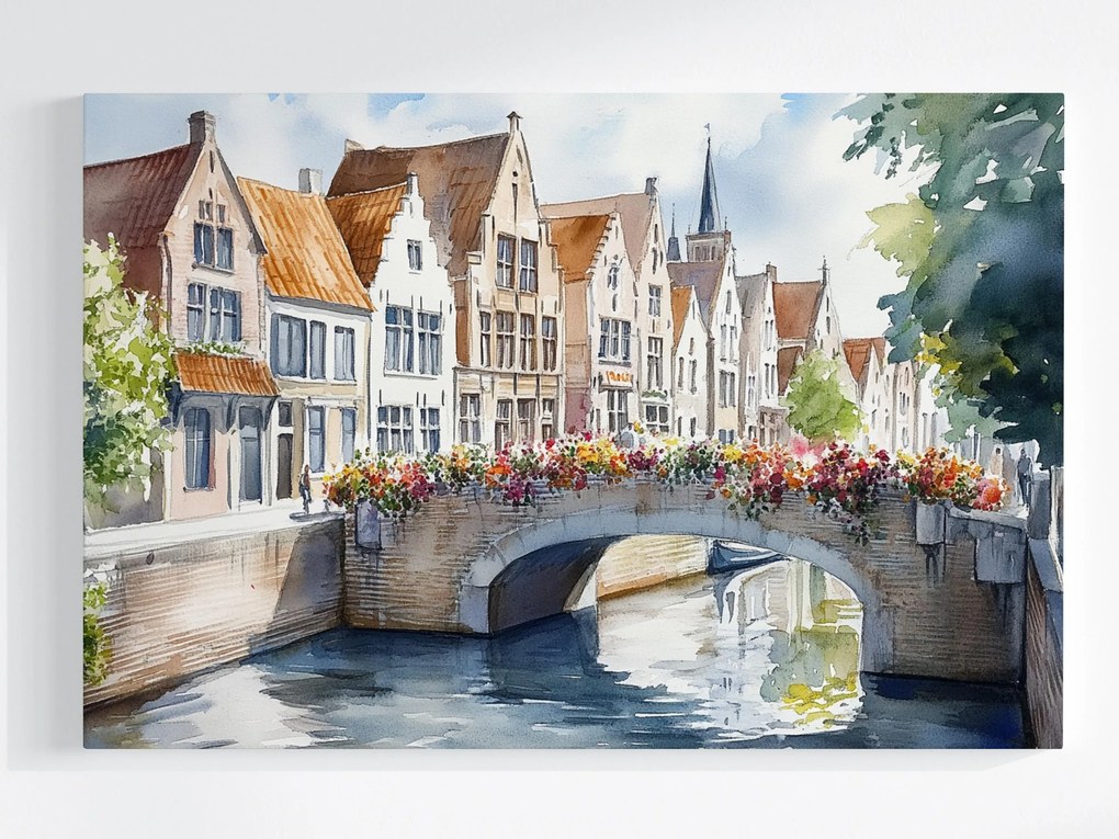 Vászonkép Canvas Város Óváros Belgium Brugge Híd Virágok 120x80