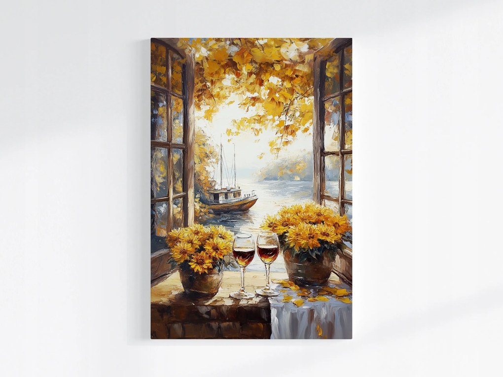 Poszter Ablak Ősz Hajó Bor Virágok Krizantém 80x120