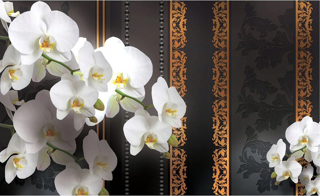 Fotótapéta Fehér Orchideák Arany Csíkok Sötét háttér Elegancia 200x140 +ragasztó