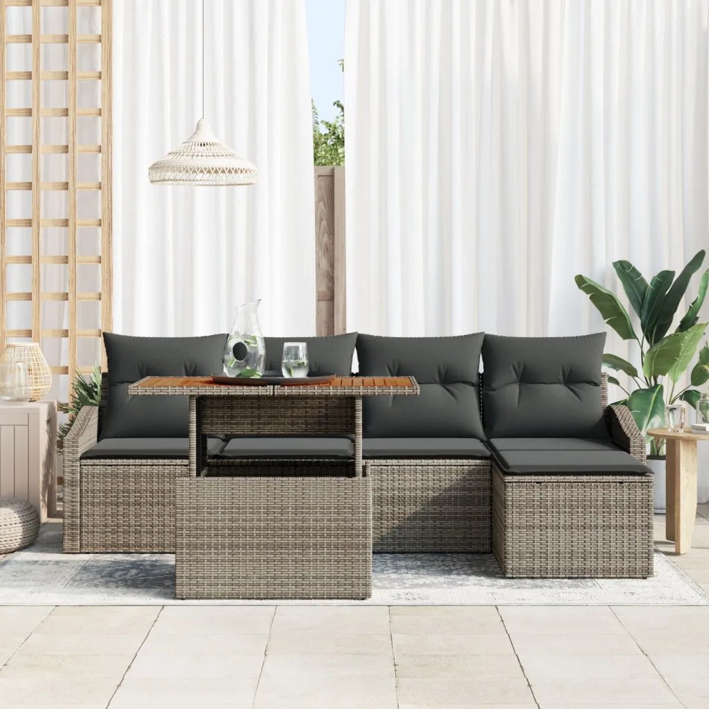 6 Részes Kerti Kanapészett Párnákkal Szürke Poly Rattan