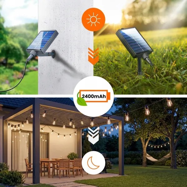 LED Stm napelemes díszfényfüzér 20xE27/3V USB 2400 mAh 20,62 m IP65 fekete + távirányító