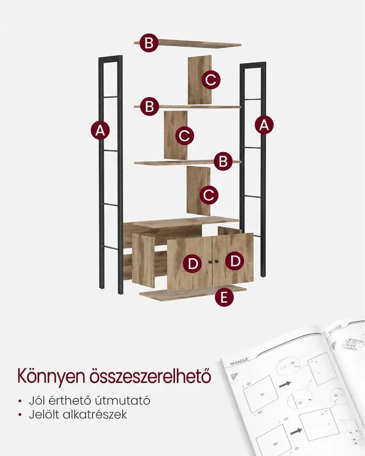 Könyvespolc 4 nyitott polccal és ajtós tárolószekrénnyel, 74 x 30 x 154,5 cm, rusztikus barna/fekete