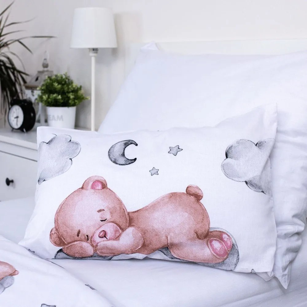 Fehér pamut gyerek ágyneműhuzat babaágyhoz 100x135 cm Teddy Bear "Ribbon" – Jerry Fabrics