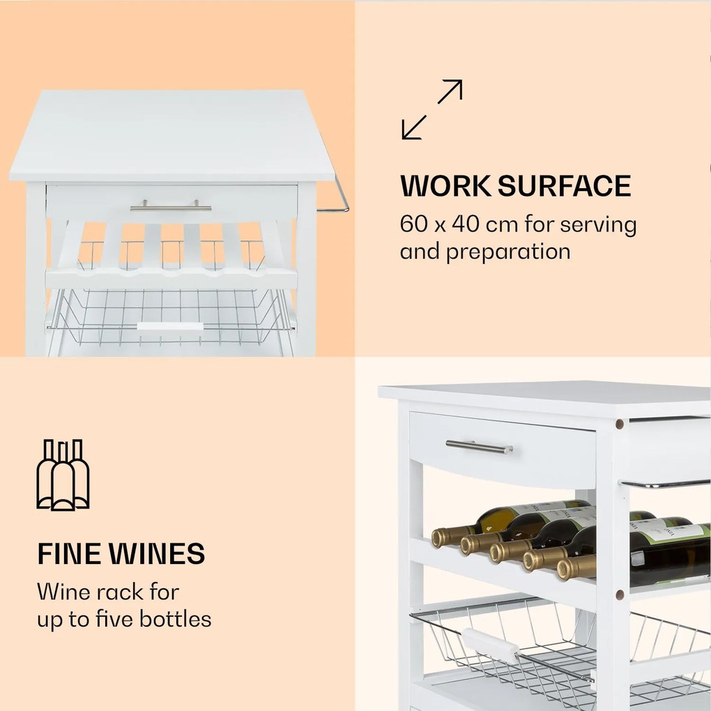 Klarstein Louisiana, tálalókocsi, konyhai kocsi, 5 szintes, fából készült szalvétatartó, mobil