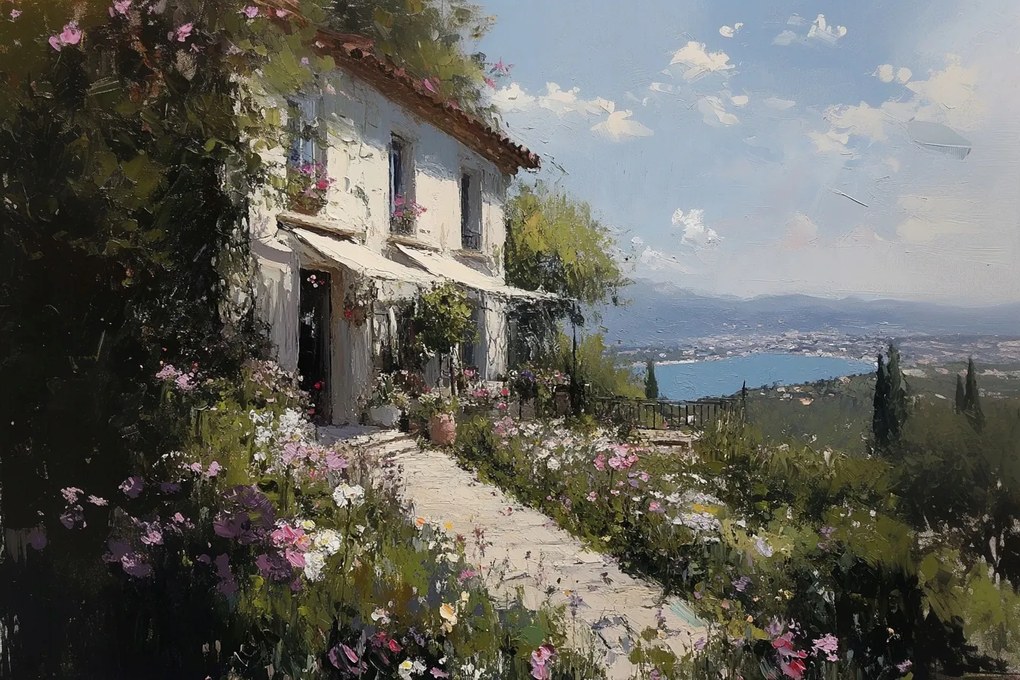 Vászonkép Canvas Tájkép Tenger Hegyek Ház Villa Kert Virágok 120x80