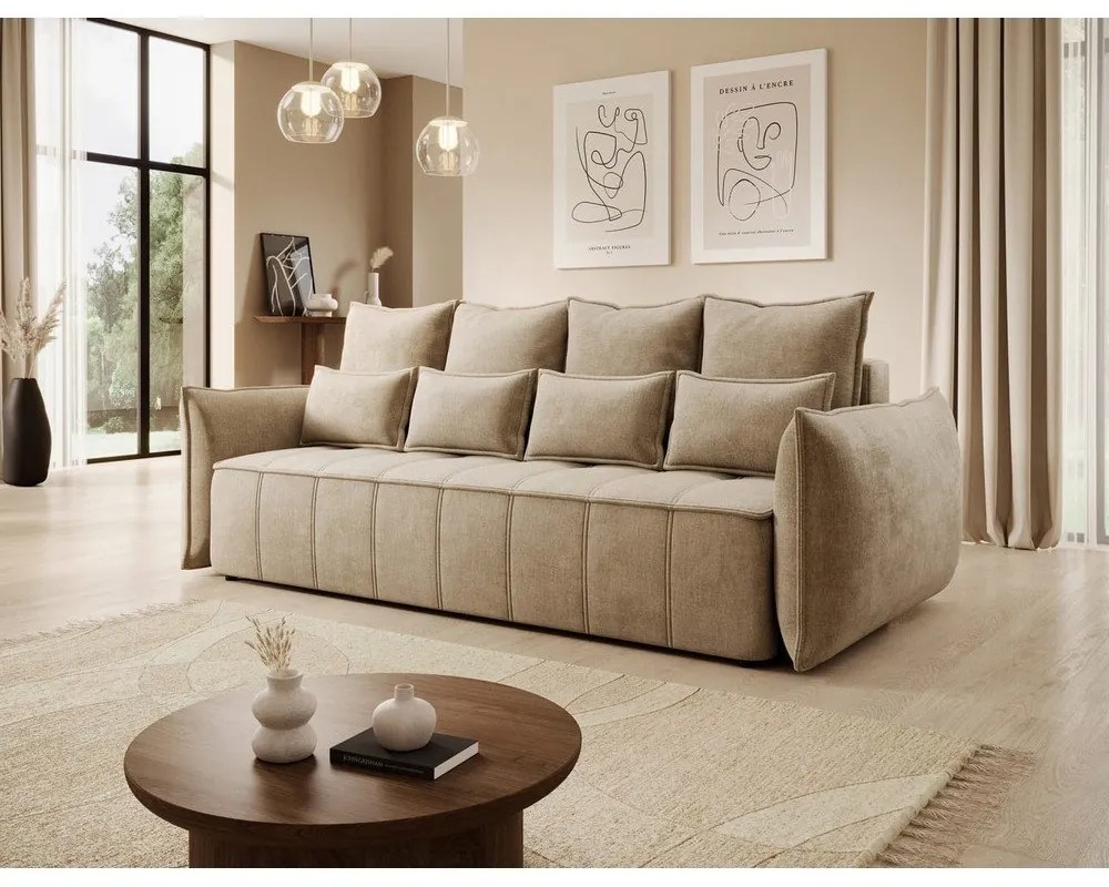 Világosbarna bársony kinyitható-tárolóhelyes kanapé 242 cm Weltton – ELTAP