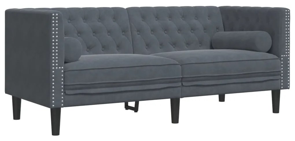3 részes sötétszürke bársony Chesterfield kanapészett párnákkal