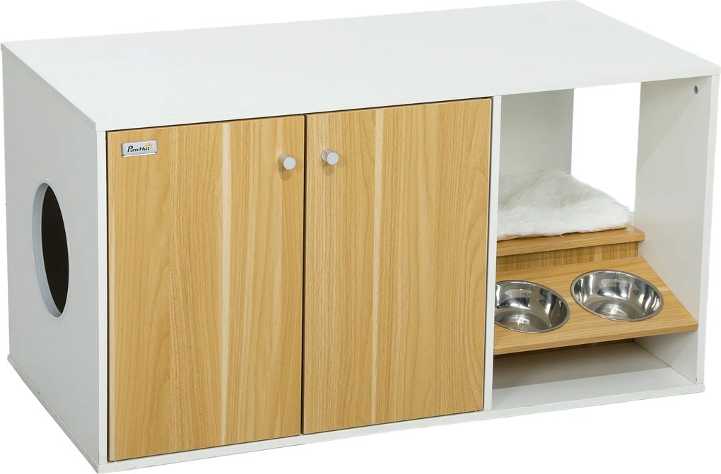 PawHut Macska Alomtálca Bútor 3 az 1-ben Fészek Éjjeliszekrény Macska Alomtálca Ajtókkal, Párnával, Tálakkal, Kaparó Máttal és Rekesszel Nappaliba, Há