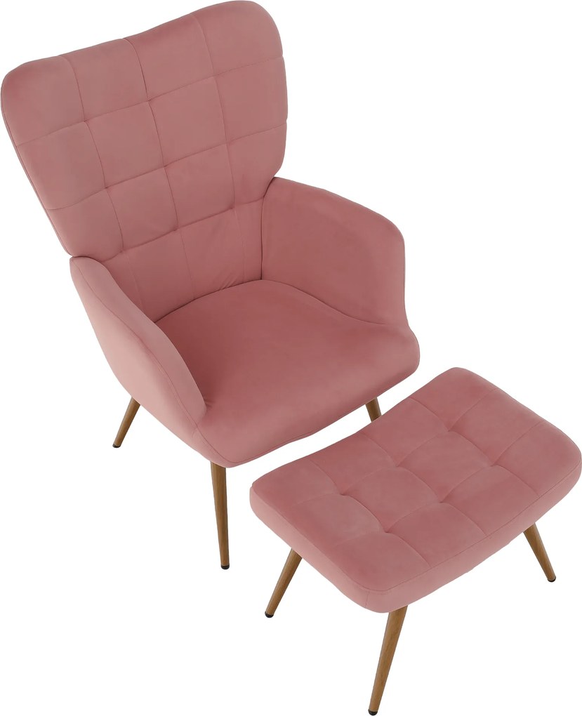 Fotel lábtartóval, rózsaszín Velvet szövet/tölgy, HABEN