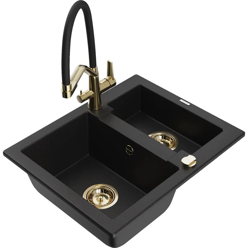 Mexen Carlos gránitmosogató 1,5 medencés Duo konyhai csappal, fekete - 6518-77-671701-57-G