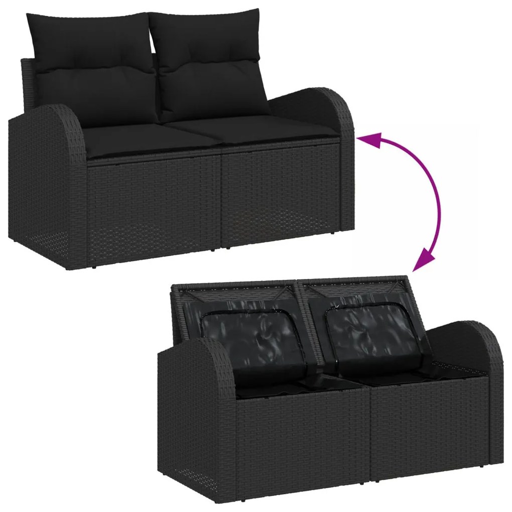 12 darabos Kert Kanapé Szett Párnákkal Fekete Poli Rattan Akác, 2 Fős Kert Kanapé Tárolóval és Párnákkal Fekete Poli Rattan, 3 Darabos Kert Étkező Szett Párnákkal Fekete Poli Rattan Akác