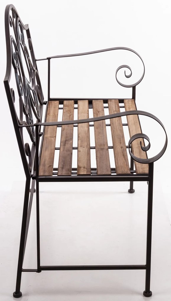 Kovácsoltvas jellegű barna fekete fémvázas kerti pad fa lécekkel 96x108x53cm