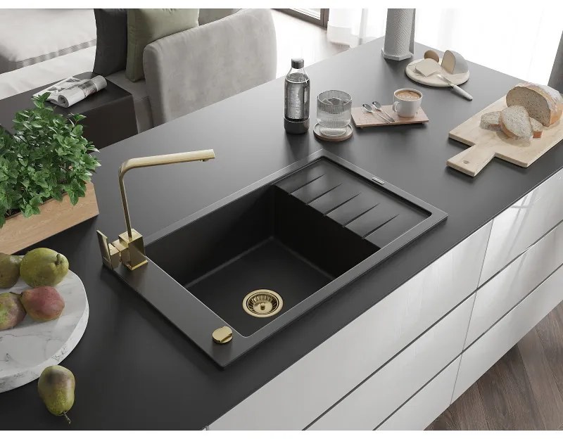 Mexen Elias, gránit mosogató gránit 795x480x200 mm, 1 kamrás, fekete arany szifonnal és arany Rita mosogató csapteleppel, 6511-77-670300-50