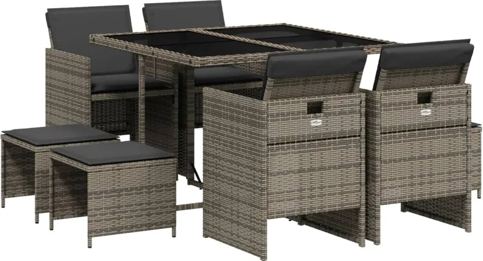 vidaXL 9 részes szürke polyrattan kerti étkezőgarnitúra párnával