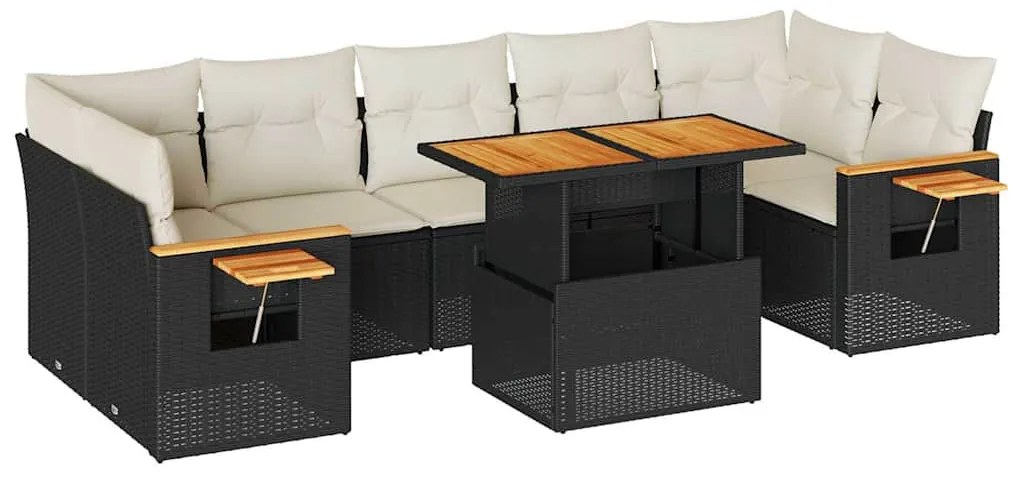 8 részes fekete polyrattan akácfa kerti ülőgarnitúra párnákkal