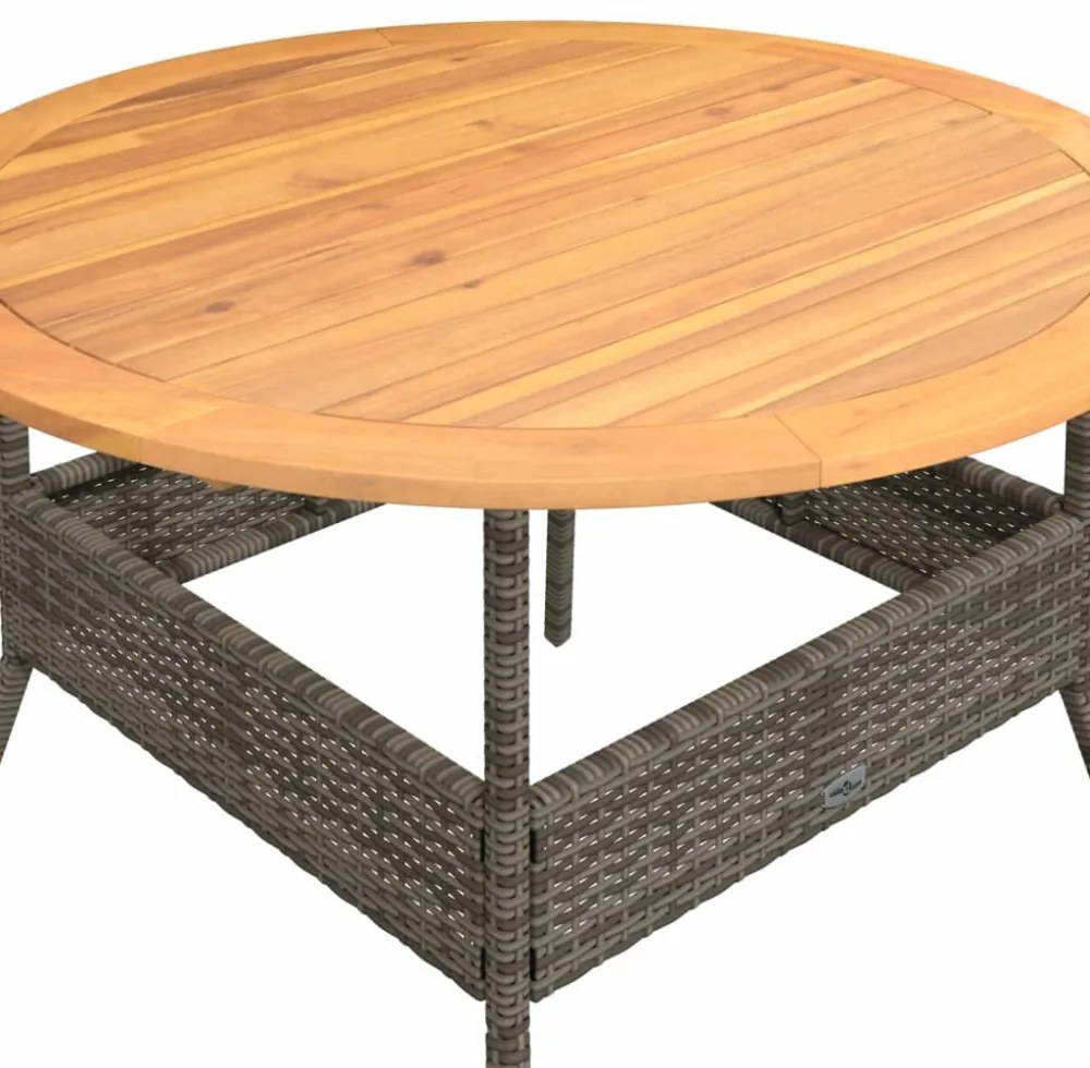 szürke polyrattan kerti asztal akácfa lappal Ø110 x 71 cm