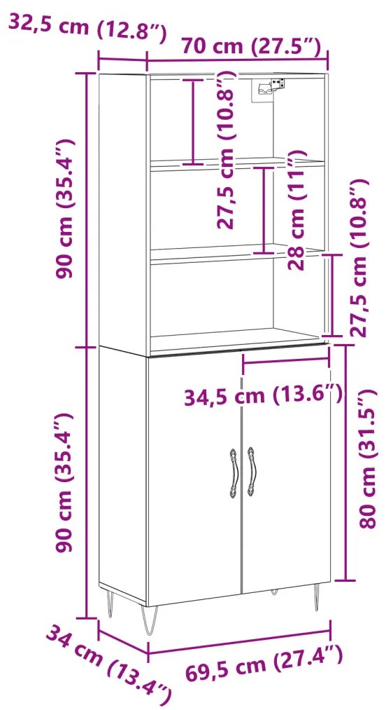 vidaXL Magasfiú Fekete tölgy 69,5 x 34 x 180 cm Faanyag