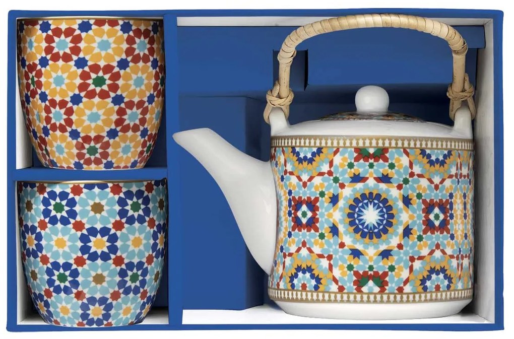 Porcelán teáskanna fém szűrővel pohárral szett Marrakech