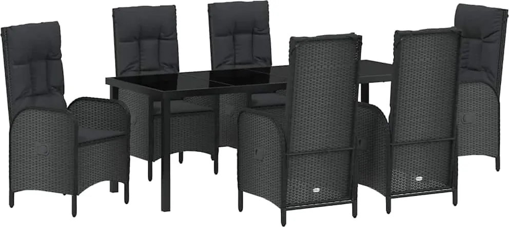 vidaXL Kert étkező szett párnával 7 pcs Fekete polirattan
