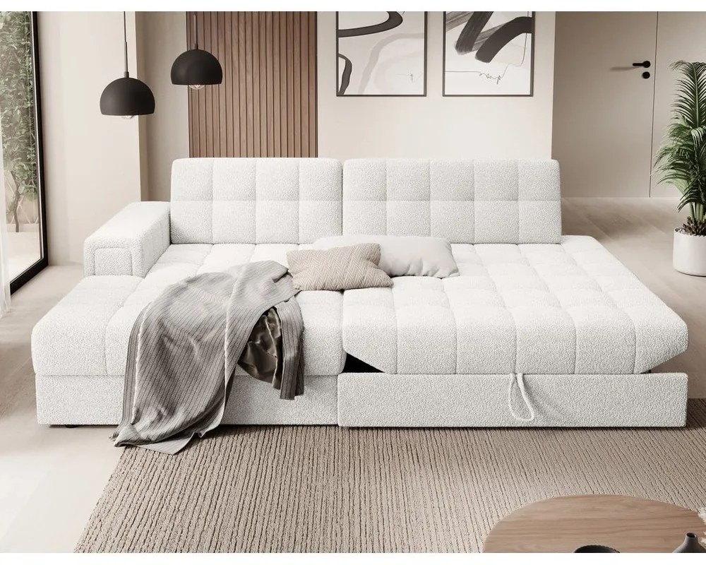 Krémszínű buklé kinyitható sarokkanapé (bal oldali-heverő résszel) Blezalt – ELTAP