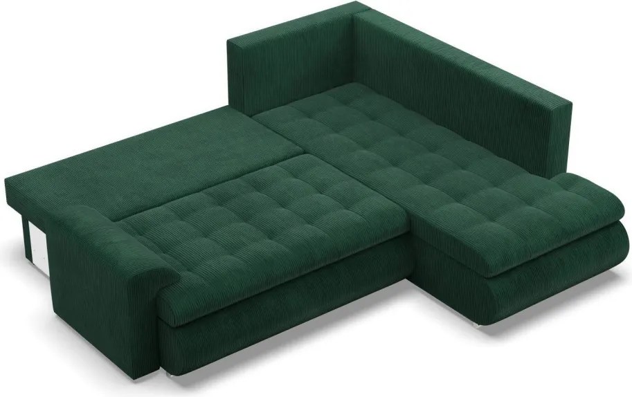 Tokio sarokkanapé, L alakú háttámlával, 2 ágyneműtartóval, kordbársony, jobboldali, zöld