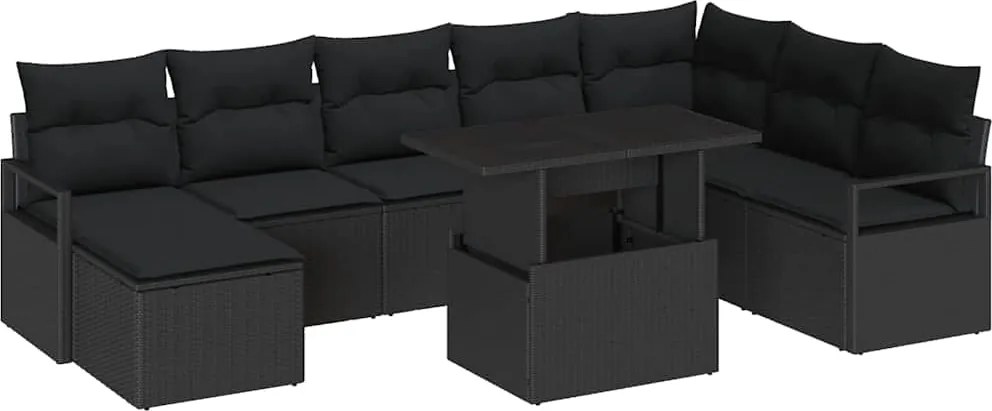 vidaXL Kerti Kanapé Szett tárolóval 9 pcs Fekete Poli rattan