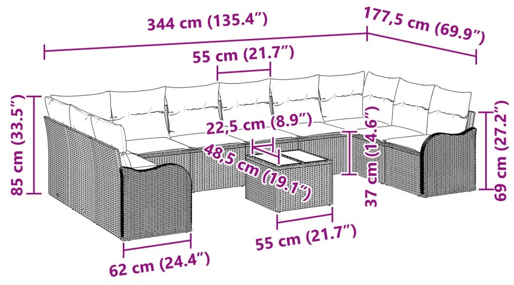 11 Részes Kert Kanapé Szett Párnákkal Barna Poli Rattan, 2-Fős Kert Kanapé Párnákkal Bézs Poli Rattan