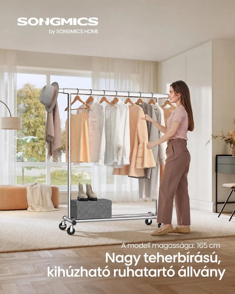Nagy teherbírású gurulós ruhatartó, kihúzható 92–132 cm-es ruharúddal, fékezhető görgőkkel, max. 90 kg, ezüst