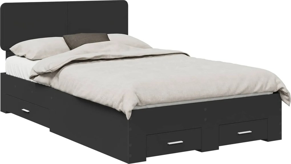vidaXL Ágykeret fejtámlával fiókkal Fekete 135 x 190 cm Faanyag
